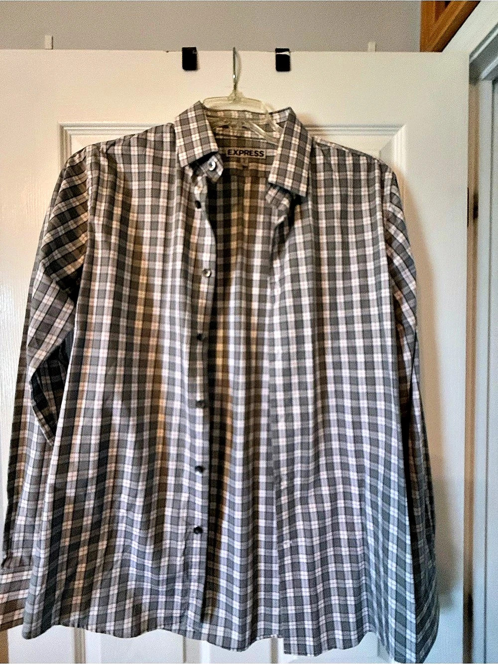 Express Plaid Button Down in Gray Orang & White